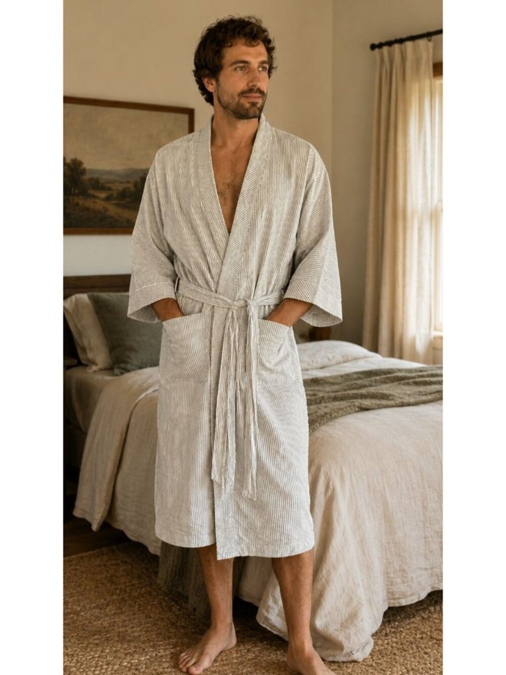 Vintage Pierre Cardin Mens Robe Gray White Seersucker Lined READ STAINS